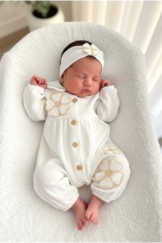 Cantoy Kız Bebek Yonca Detaylı Saç Bandı Hediyeli Tulum Ekru