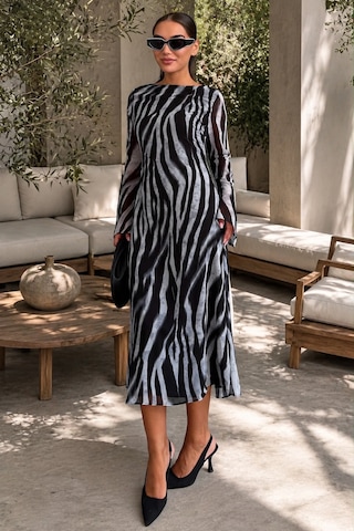 Madmext Gri Zebra Desenli Şifon Midi Elbise Mg2854