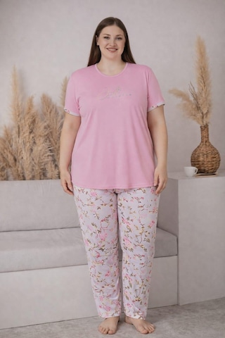 Pemilo Kadın Büyük Beden 2005-4 Kısa Kol Likralı Pijama Takımı Pembe