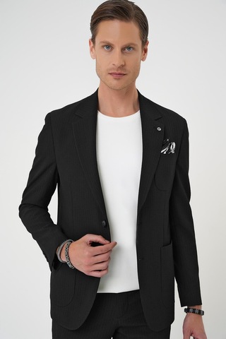 Efor Comfort Fit Mono Yaka Çift Yırtmaç Torba Cep Gofre Kumaş Casual Siyah Ceket C 703 Siyah