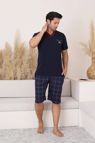 Erkek V Yaka Düğmesiz Ekose Desen Kısa Kol Cepli Şortlu %100 Pamuk Pijama Takımı Lacivert