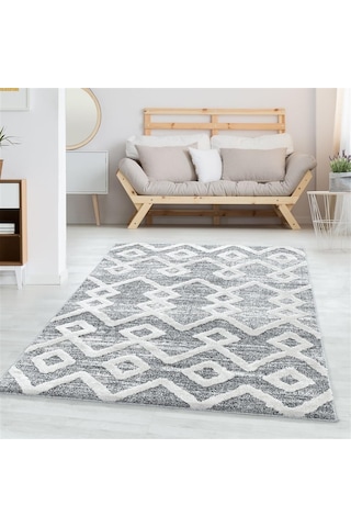 Yumuşak Bukle Tabanlı Modern Kabartmalı 3d Inka Motif Desenli Gri Renkli Halı