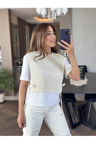 Ekru Triko Garnili Bisiklet Yaka Kadın T-shirt - Ekru