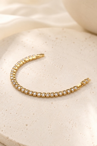 Balenbi Jewelry Kadın Yuvarlak Taşlı Tenis Model Kararmaz Çelik Bileklik 14k Gold Renk 1138 Altın