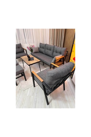 Houseart Balkon, Bahçe - Metal Kanepe Koltuk Takımı 3+1+1 + 2 Adet Puf + Sehpa Gri