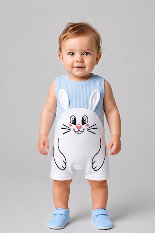 Babyden's Erkek Bebek Tavşan Desenli Yazlık Tulum Fitilli Pamuklu Kolsuz Bebek Tulumu Çıtçıtlı Romper 0-9 Ay Mavi