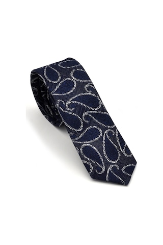 Füme Gri Şal Desenli Lacivert Dokuma Kumaş Mendilli Slim Fit Kravat // SDK-240112 Lacivert