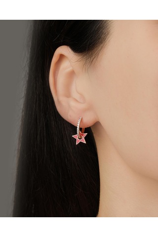 Lekka Design Kadın Kararmaz Çelik Lüks Zirkon Taşlı Kırmızı Mineli Yıldızlı Küpe