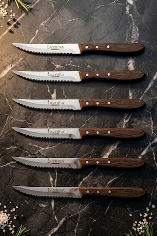 Lazbisa Mtf-058 Hand Craft Serisi Setak Et Bıçağı 6 Lı Mutfak Bıçak Restoran Et Steak Bıçak Ahşap