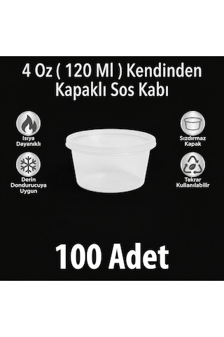 4 Oz 120 Ml, 100 Adet, Sıkı Ve Sızdırmaz Kendinden Kapaklı/sert Plastik Sosluk - Kemik Suyu Ve Sos Kabı Şeffaf