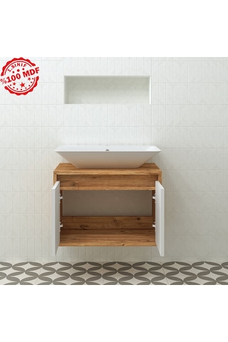 Banos Roomart Ayaksız 2 Kapaklı Lavabolu Ahşap-Mat Beyaz Mdf 65 . Beyaz