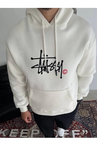 Novalisse Erkek Üç İplik Kapşonlu Baskılı Sweatshirt - Beyaz Çoklu Renk