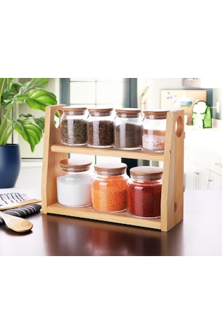 Ahşap Standlı Bambu Kapaklı 7'li Cam Baharat Takımı Ahşap - Şeffaf