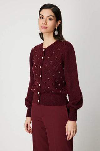 On Kadın İnci Düğmeli Triko Hırka 63922 Bordo Bordo