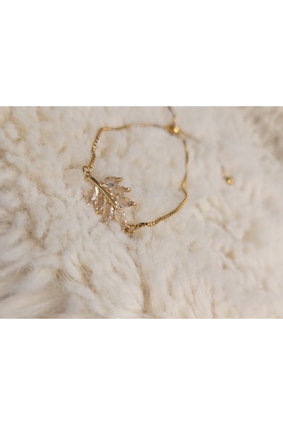 Stainless Steel Zirkon Taşlı Yaprak Çelik Bileklik Gold