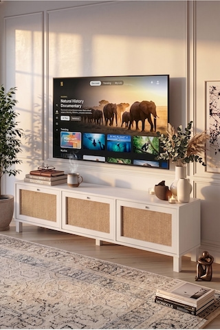 Dune Tv Ünitesi Sehpası Ahşap Ayaklı 3 Ahşap Jüt Kapaklı 180cm Beyaz-jüt Dn2-wj