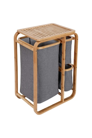 Kirli Çamaşır Sepeti Ahşap - Bambu 3 Organizer Bölmeli Kumaş Çantalı 50x30x70cm Çok Renkli