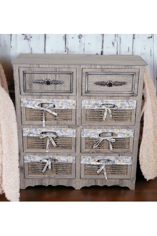 Ahşap 8 Çekmeceli Hasır Görünümlü Sebzelik Rustik