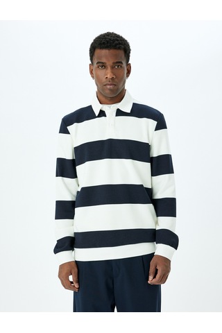 Koton Çizgili Uzun Kollu Pamuk Karışımlı Polo Yaka Sweatshirt Lacivert Çizgili 5sam70005mk Lacivert Çizgili Lacivert