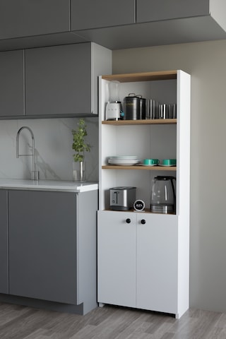 Kapaklı Çok Amaçlı Mutfak Dolabı 150x50x22 Cm - Raflı Erzak Dolabı Modern Depolama Ünitesi Beyaz - Atlantik Çam