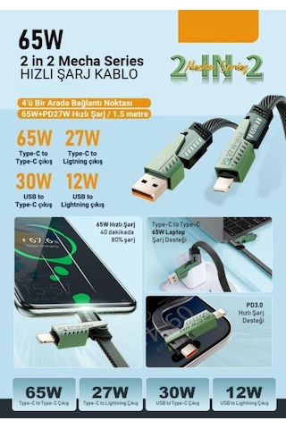 Pdateknoloji AZ-B10TH 2 İn 2 65 W USB Type-C Ve Lightning Örgülü Şarj Ve Data Kablosu 1.5 M Siyah