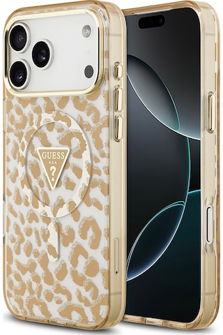 Apple Uyumlu iPhone 17 Pro Max Kılıf Guess Lisanslı M-safeli Üçgen Logolu Simli Leopar Desenli Kahverengi Kahverengi