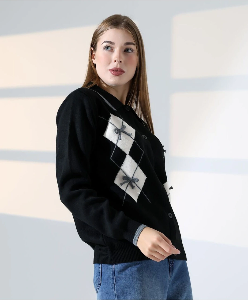 Baklava Desen Polo Yaka Kadın Kazak Siyah