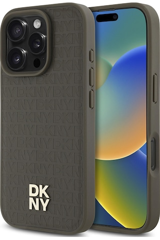 Apple Uyumlu iPhone 16 Pro Kılıf Dkny Lisanslı M-safe Şarj Özellikli 3d Yazılı Repeat Pattern Kapak Kahverengi
