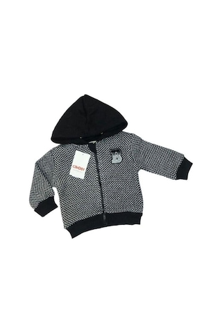Erkek Bebek Kapüşonlu Kareli Fermuarlı Hırka-13476 Siyah