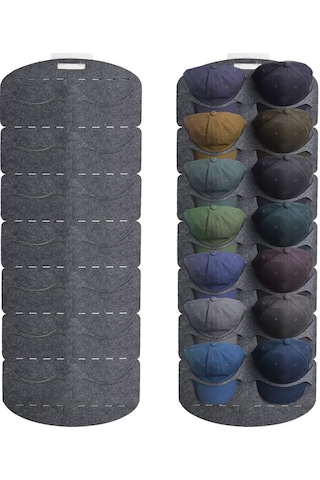 Geeroyoo Yumuşak Feltli Şapka Organizörü - Duvar/d Kapı Montajlı, 14 Şapka Kapasitesi, Şekli Koruyan Görünür Saklama Rafı Gri