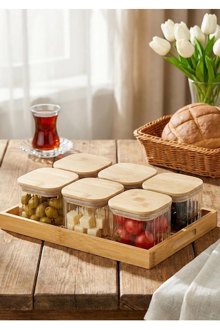 Cam Kahvaltı Takımı -bambu Kare Kahvaltılık 13 Parça, Çizgili Şeffaf