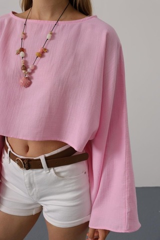 Yarasa Kollu Crop Bluz - Pembe Karışık