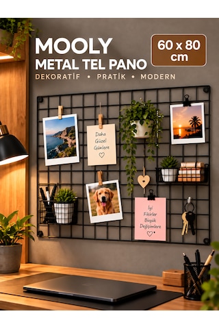 Mooly 60x80 Cm Siyah Metal Tel Pano, Fotoğraf Askısı, 4 Adet Montaj Hediyeli