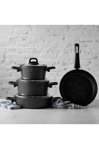 7 Parça Siyah Döküm Tencere Seti Ve Tava Granit Kaplama, Şık Ve Dayanıklı Siyah