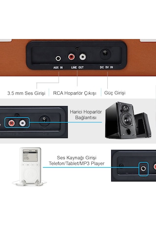Record Master T310CH Şarjlı 33 - 45 - 78 Devir Pikap Kahverengi