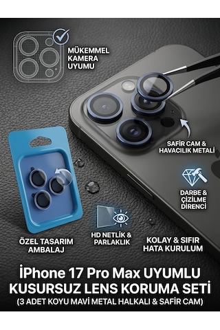 Apple iPhone 17 Pro Max Uyumlu Kamera Koruyucu Lens Lacivert