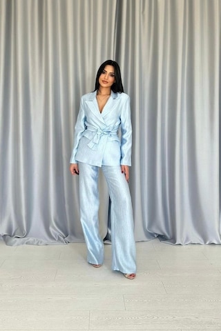 Defymoda Mavi Beli Kuşaklı Ceket Ve Pantolon Parlak Takım Mavi