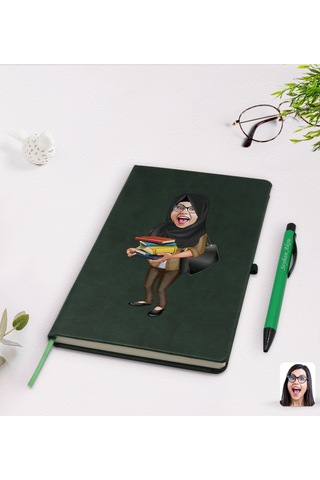 Kişiye Özel Tesettürlü Kadın Öğretmen Karikatürlü Yeşil Termo Der N11.1760