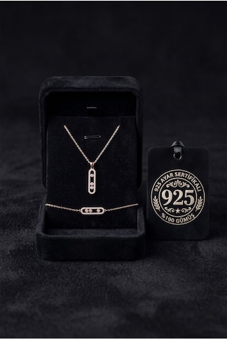 925 Ayar Gümüş Zirkon Taşlı Rose Işıltılı Özel Tasarım Modern Kolye Bileklik 2'li Takı Seti Rzs10084