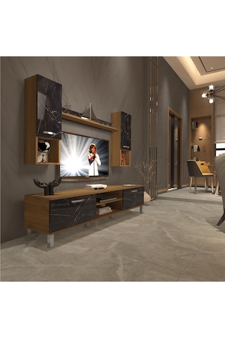 Decoraktiv Eko 5da Mdf Dvd Krom Ayaklı Tv Ünitesi Tv Sehpası Pera - Siyah Mermer