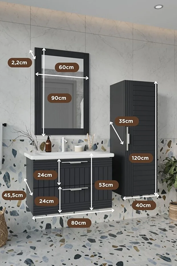 Erguvan Gümüş Kulp Antrasit 80 Cm %100 Mdf Lavabolu Banyo Dolabı Ayna Lavabo Boy Dolabı Antrasit