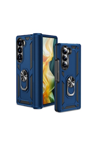 Teknomoda Samsung Galaxy Uyumlu Z Fold 6 Kılıf Yüzüklü Standlı Korumalı Tank Kapak Mavi