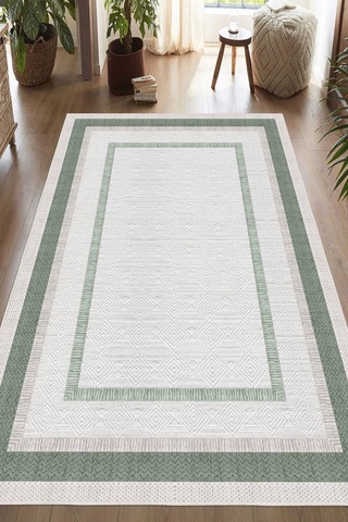 Çerçeve Desenli Dekoratif Kaymaz Taban Yıkanabilir Salon Halısı Yeşil