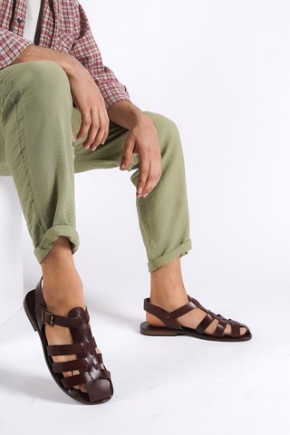 Sur Sandalet El Yapım Kösele Erkek Bodrum Sandalet Kahverengi