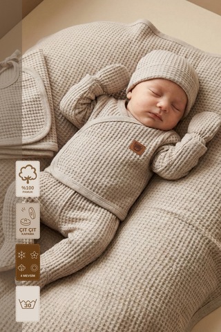 Minory Baby - %100 Pamuk 7'li Hastane Çıkışı Seti Yenidoğan 7'li Set Waffle Kumaş Kahverengi Kahverengi