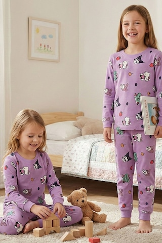 Cute Hello Kitty Ve Kuromi Desenli Kız Çocuk Pijama Takımı Lila