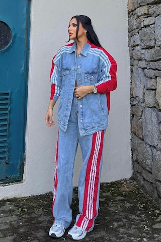 Kadın Kot Garnili Yanı Kırmızı Şeritli Palazzo Alt Üst Takım Çok Renkli