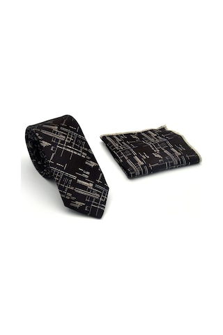 Gaffy Bej Lacivert Kırcıl Desenli Kahverengi Dokuma Kumaş Mendilli Slim Fit Kravat // Sdk-2611-5 Kahverengi