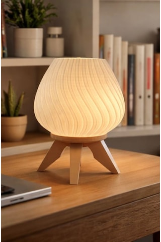3d Baskı Dalgalı Beyaz Gece Lambası Ahşap Ayak Görünümlü Minimalist Abajur