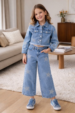 Uğur Bebe Kız Çocuk Mavi Yıldız Taşlı Kot Ceket Pantolon Takım Trend, Şık, Rahat, Yeni Sezon Mavi Mavi